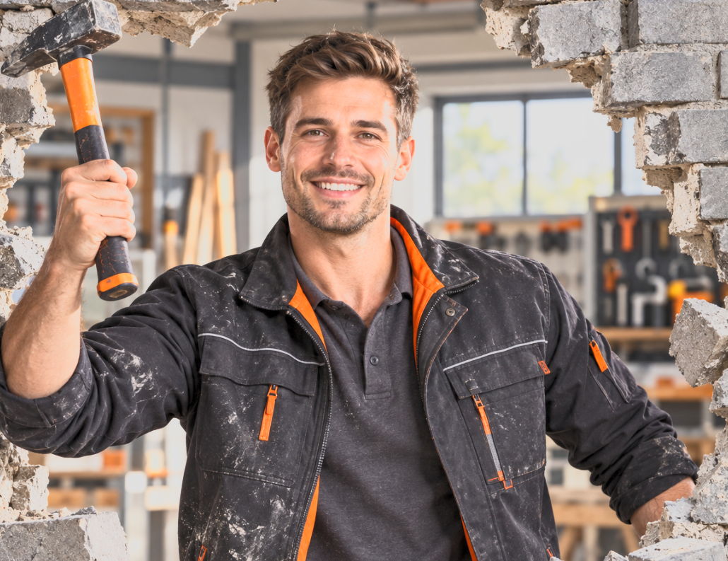 Lächelnder Handwerker mit einem Hammer in einer Werkstatt